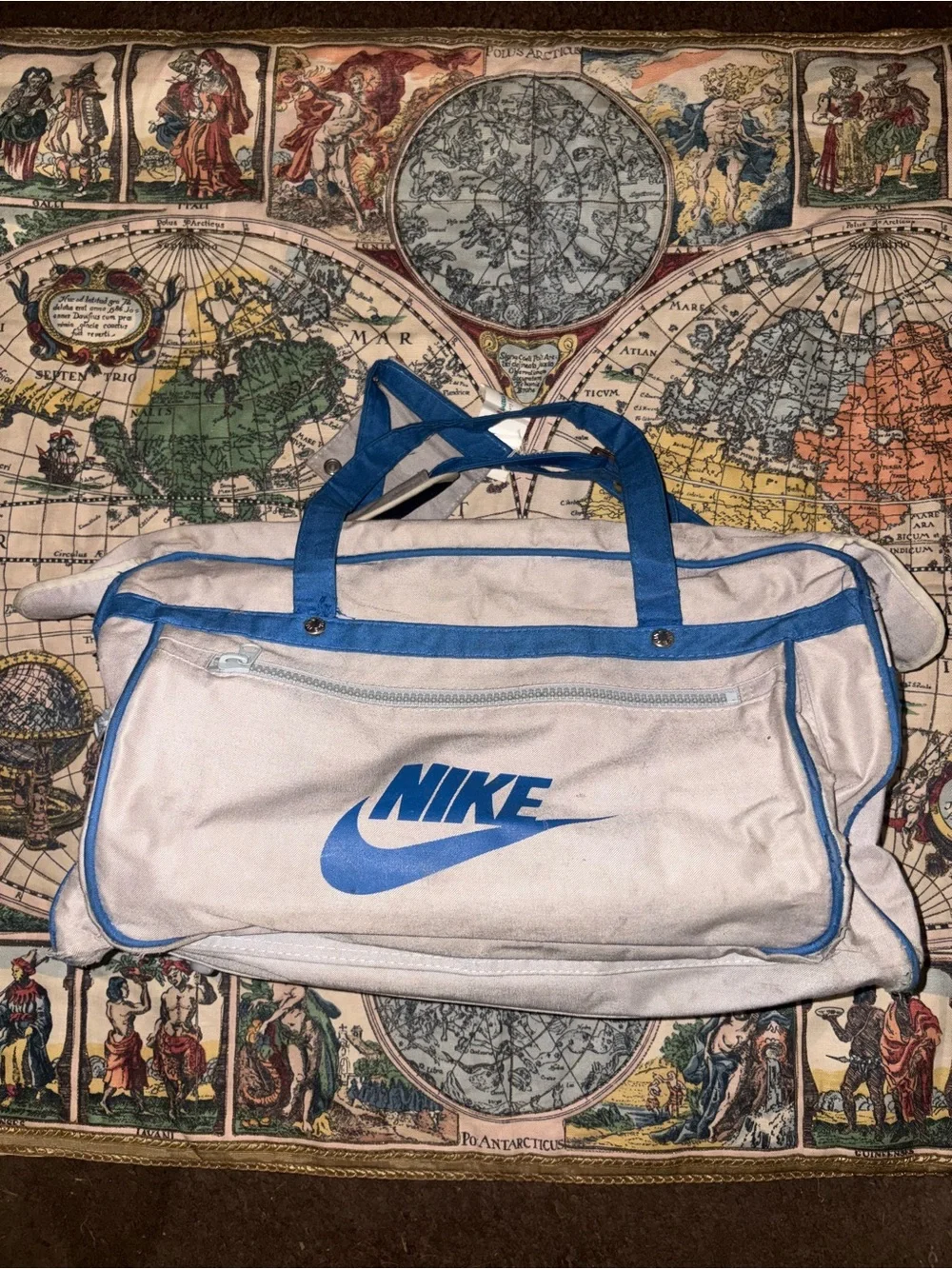 Nike White and Blue Canvas Duffel Bag